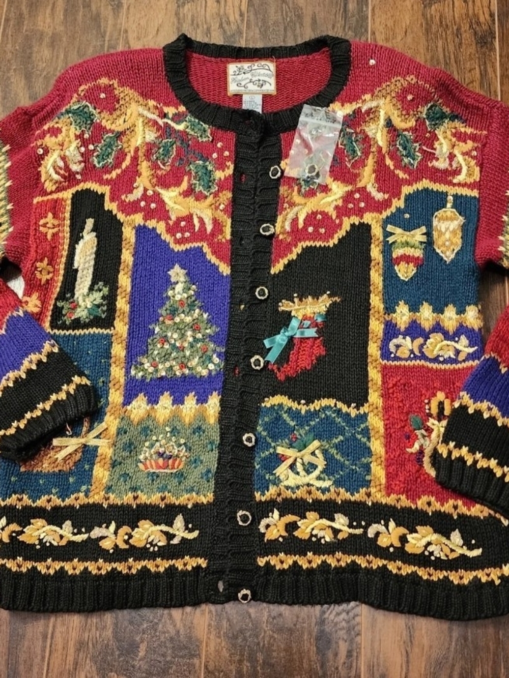 Embroidered Holiday Patchwork Cardigan Sweater - Red/Black
